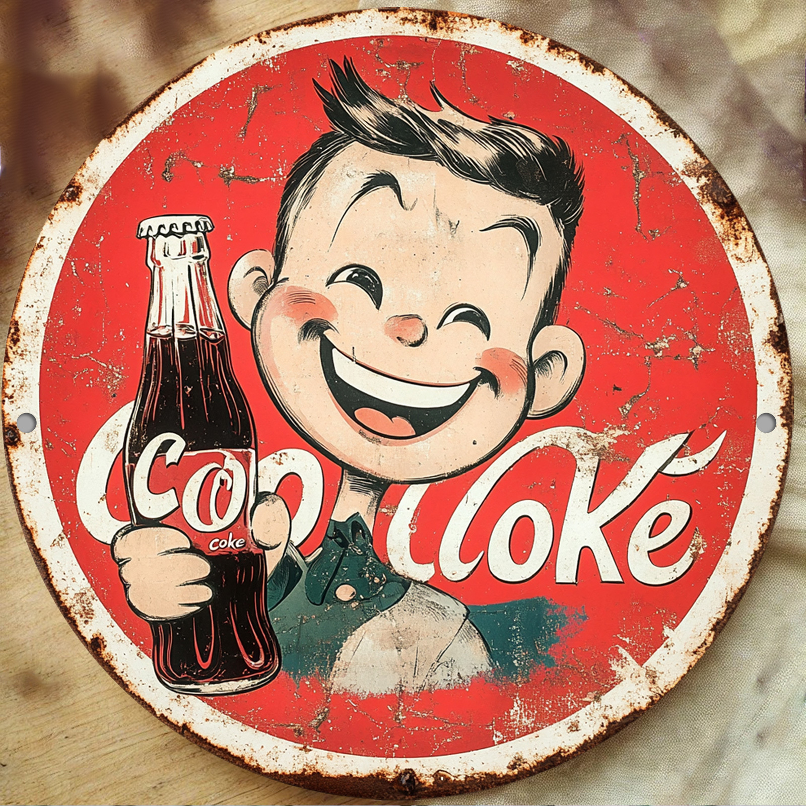 Home Bar Accessories - Vintage-Style Cola Advertisement Round Aluminum Wall