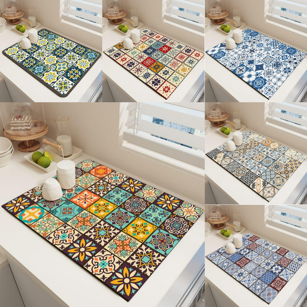 Bar Mat Rubber - Retro Bohemian Pattern Diatom Pad Water-absorbing